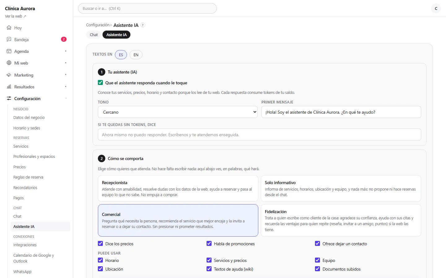 Pantalla de Axon donde el negocio elige cómo se comporta su asistente virtual