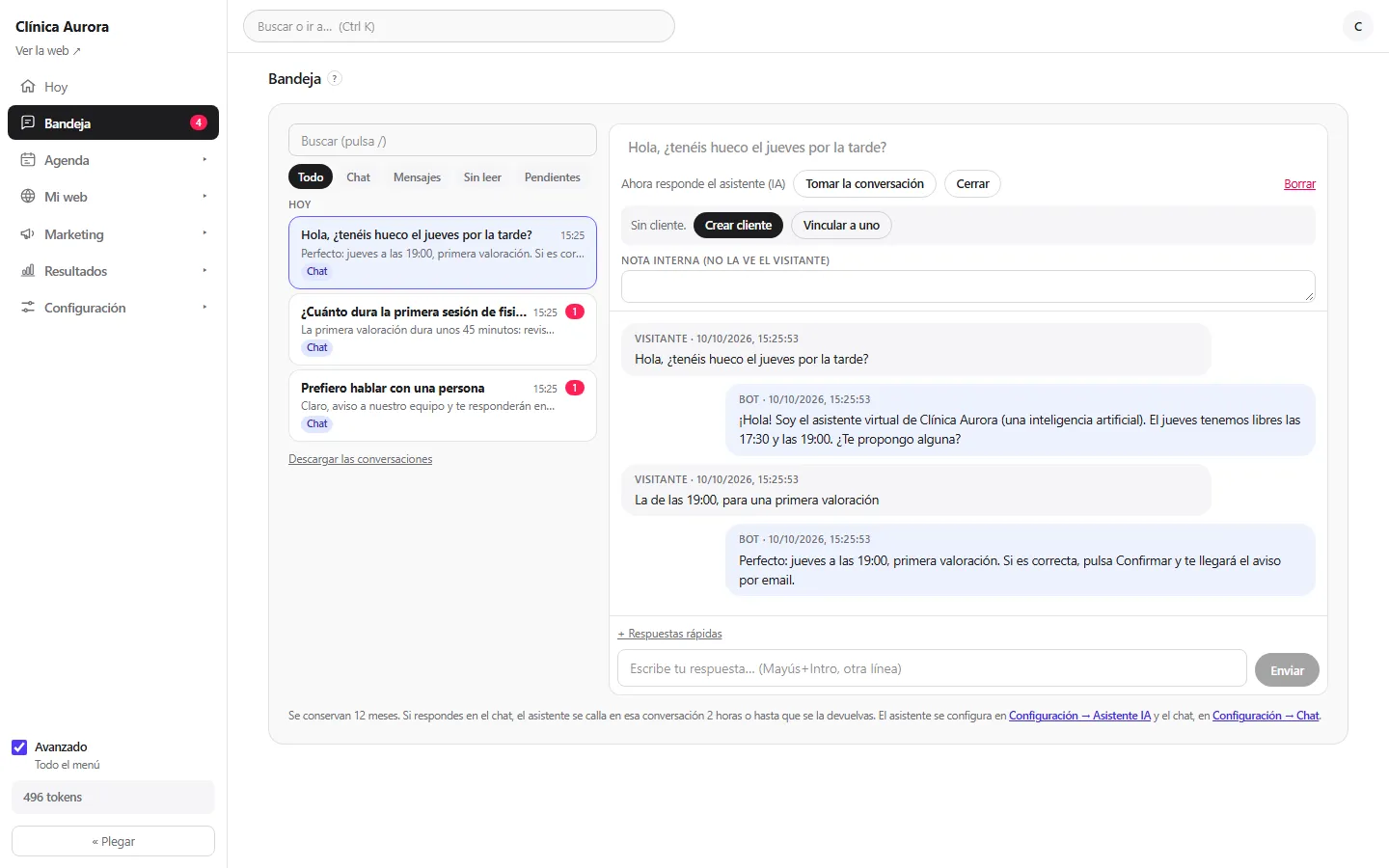 Bandeja de Axon con una conversación entre un cliente y el asistente de IA