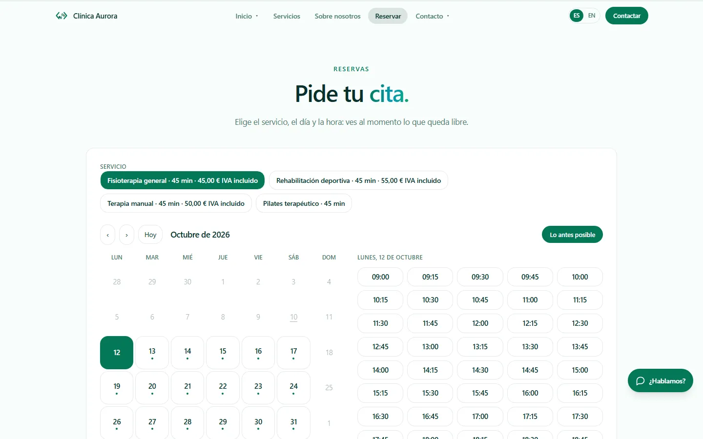 Calendario de reservas online de una web hecha con Axon, con días y horas libres