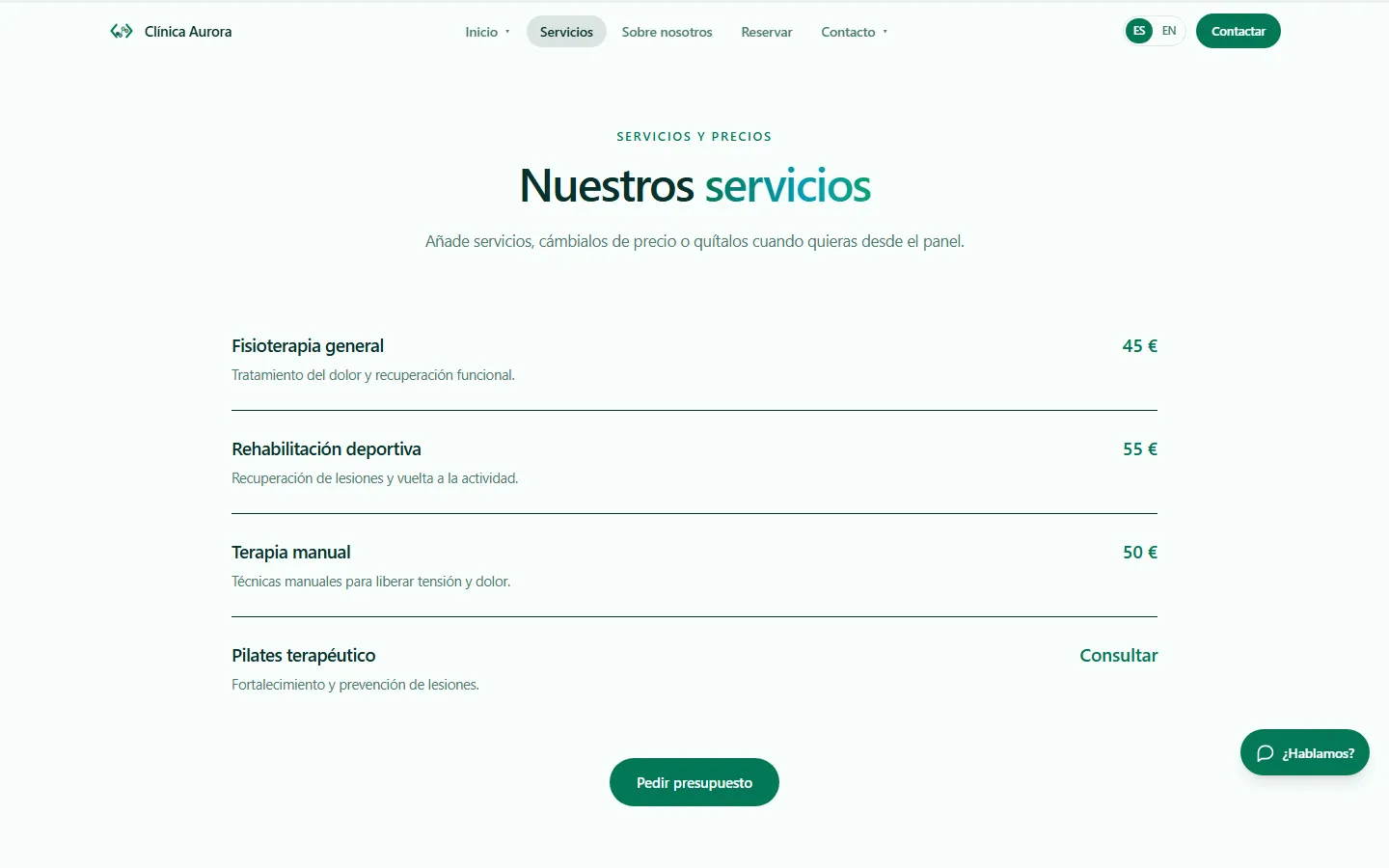 Página de servicios y precios de una web hecha con Axon